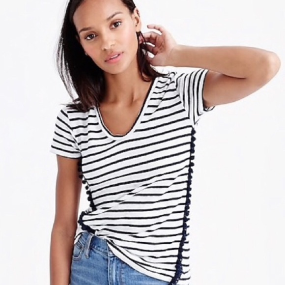 J. Crew Tops - J Crew Navy White Stripe Top Linen PomPom Sz L NWT